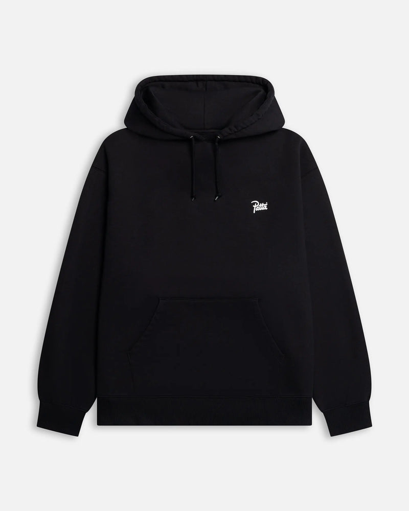 Front view of the black Patta Championship hooded sweater featuring a white chest logo and kangaroo pocket.