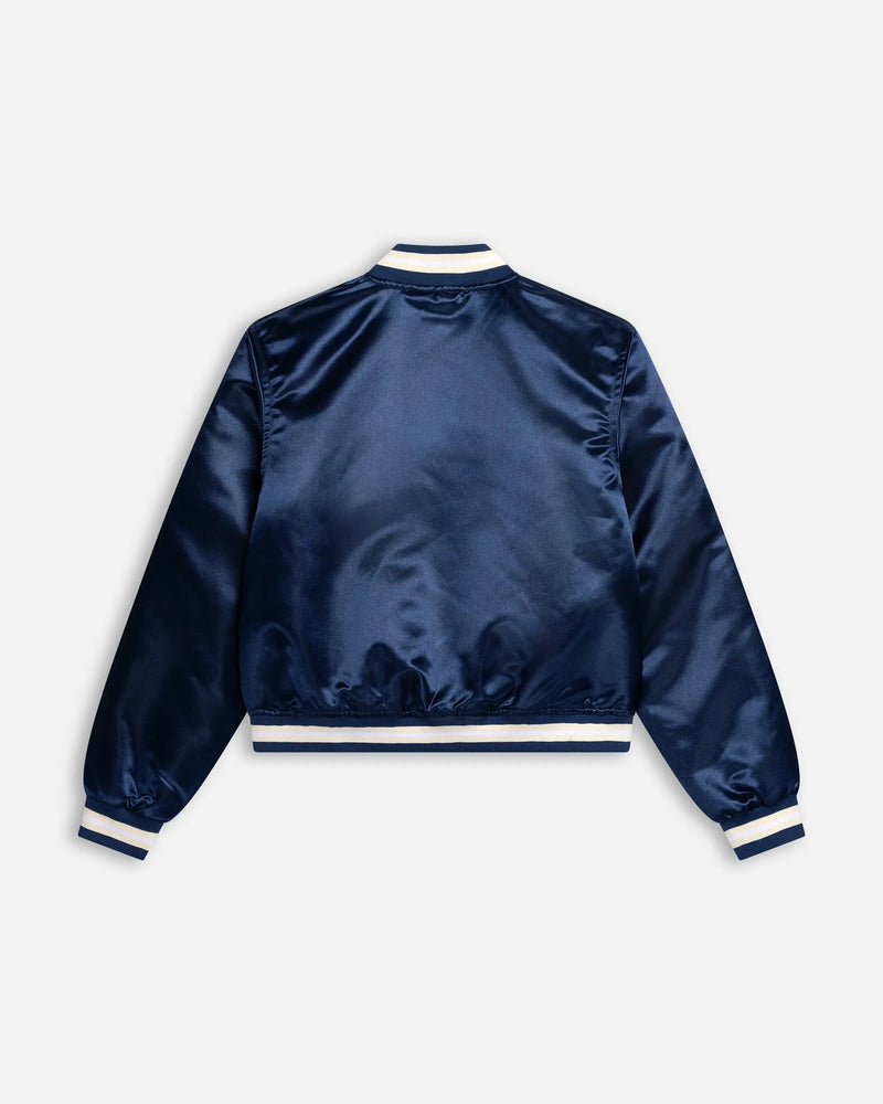 Back view of the Patta Kids Satin Bomber Jacket in Black Iris navy satin with striped ribbed trims.