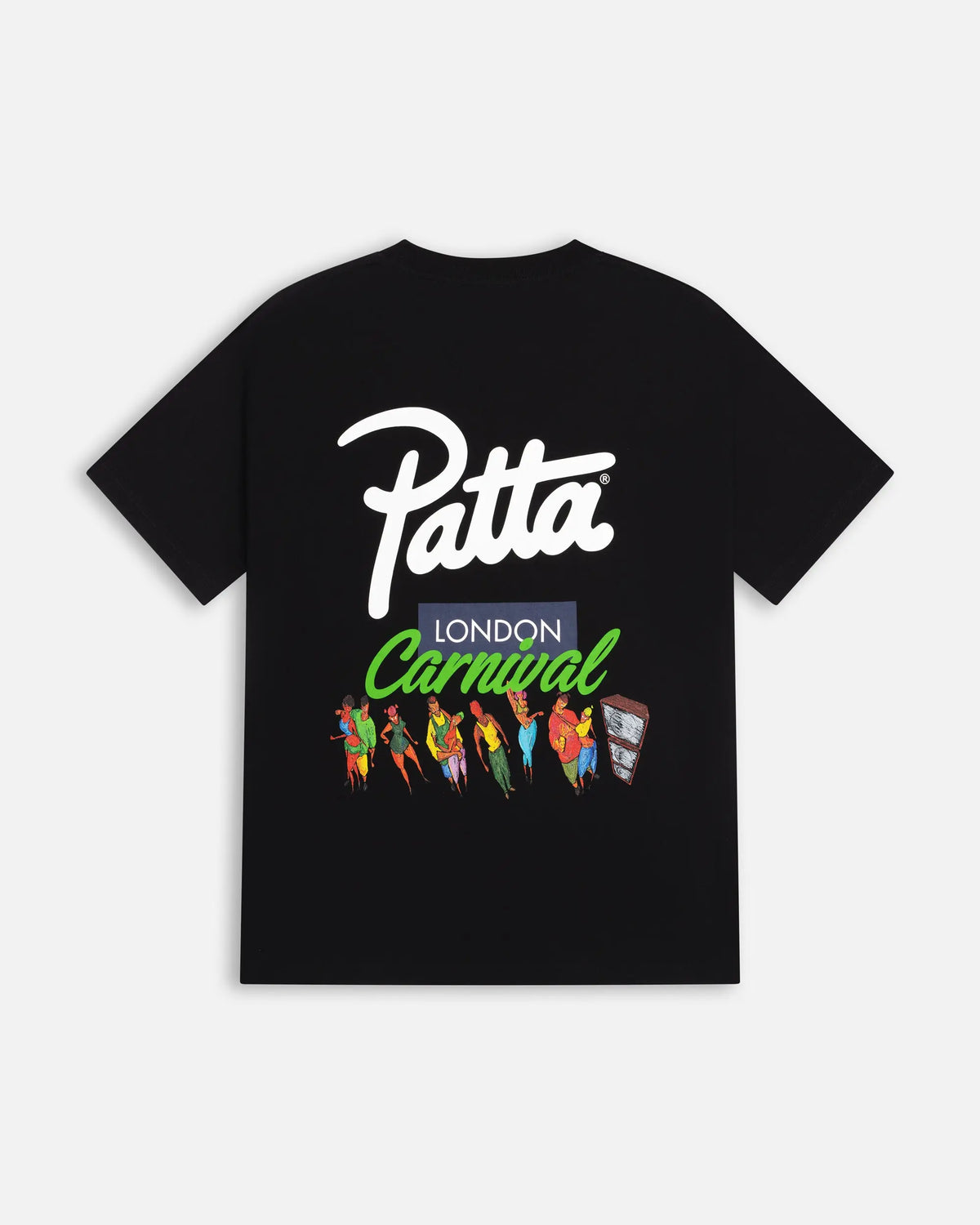 Back view of black Patta London Carnival T-shirt featuring script logo and colorful dancing figures graphic.