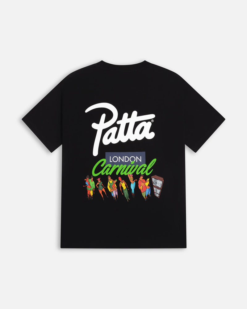 Back view of black Patta London Carnival T-shirt featuring script logo and colorful dancing figures graphic.