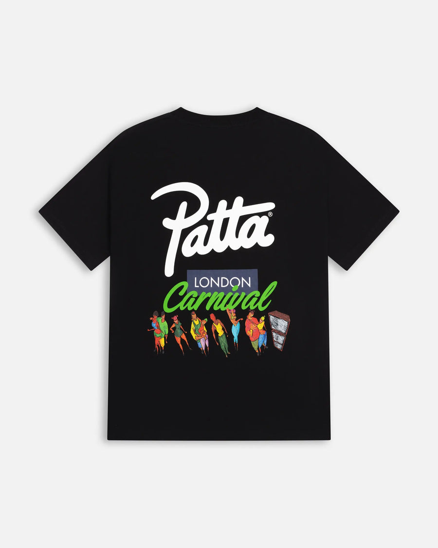 Back view of black Patta London Carnival T-shirt featuring script logo and colorful dancing figures graphic.