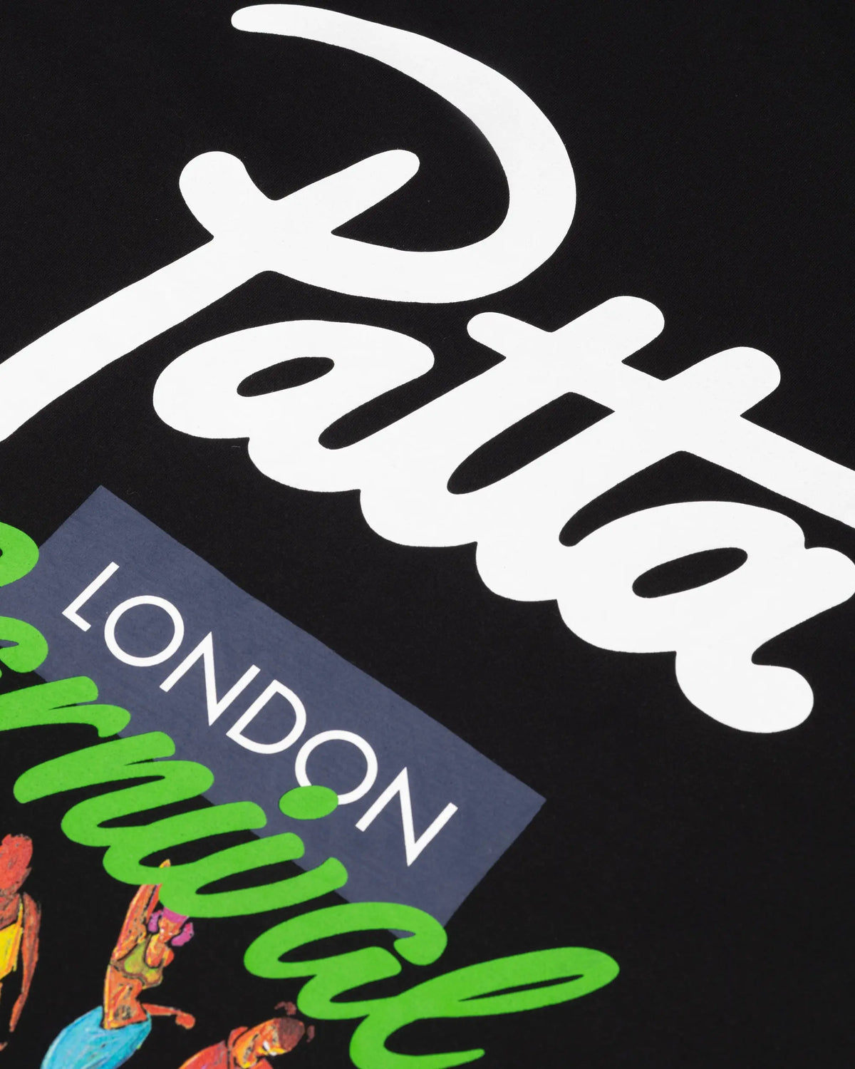 Detail of the Patta London Carnival script logo print on a black cotton T-shirt.