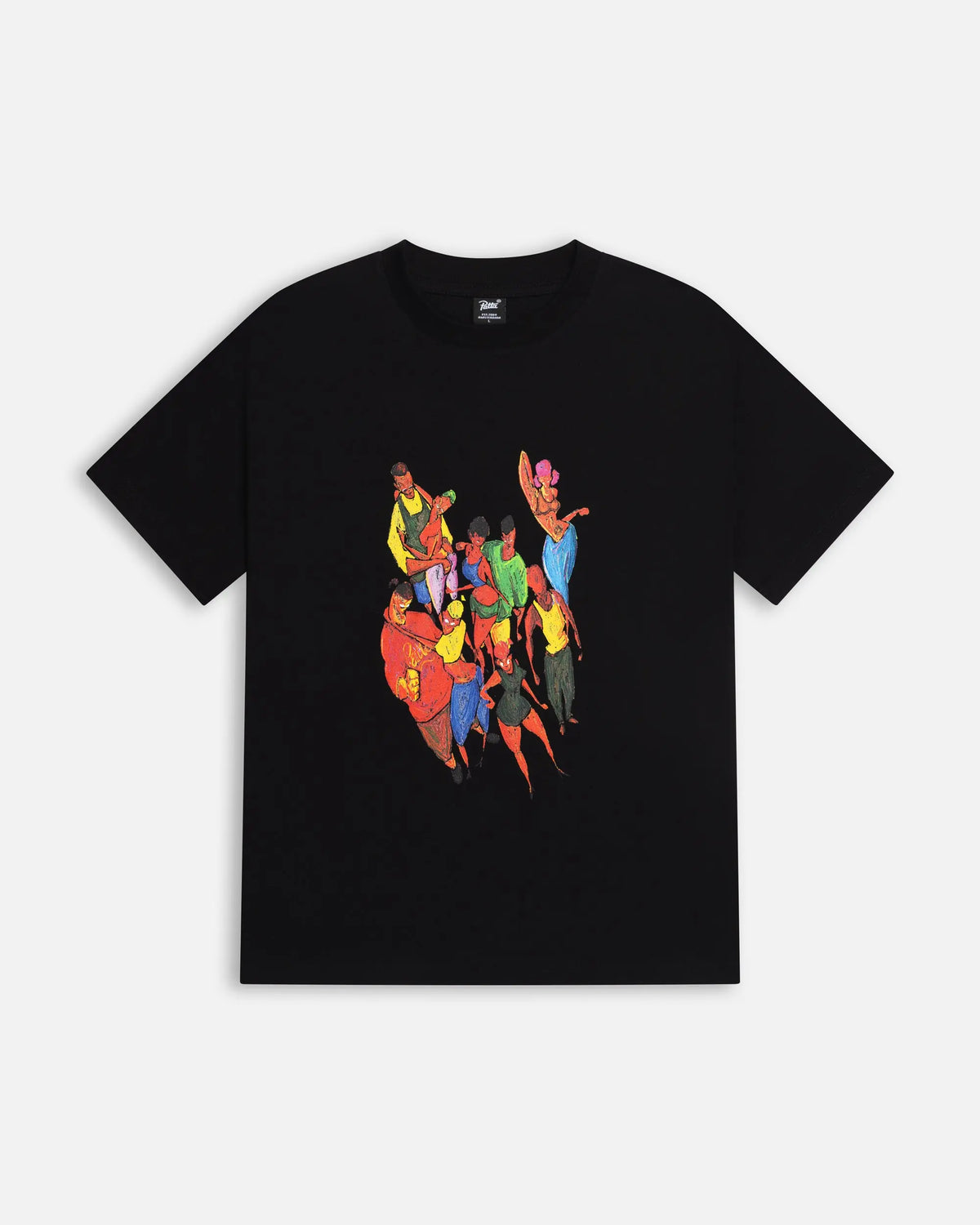 Front view of the black Patta Carnival T-Shirt featuring a colorful illustrated graphic.