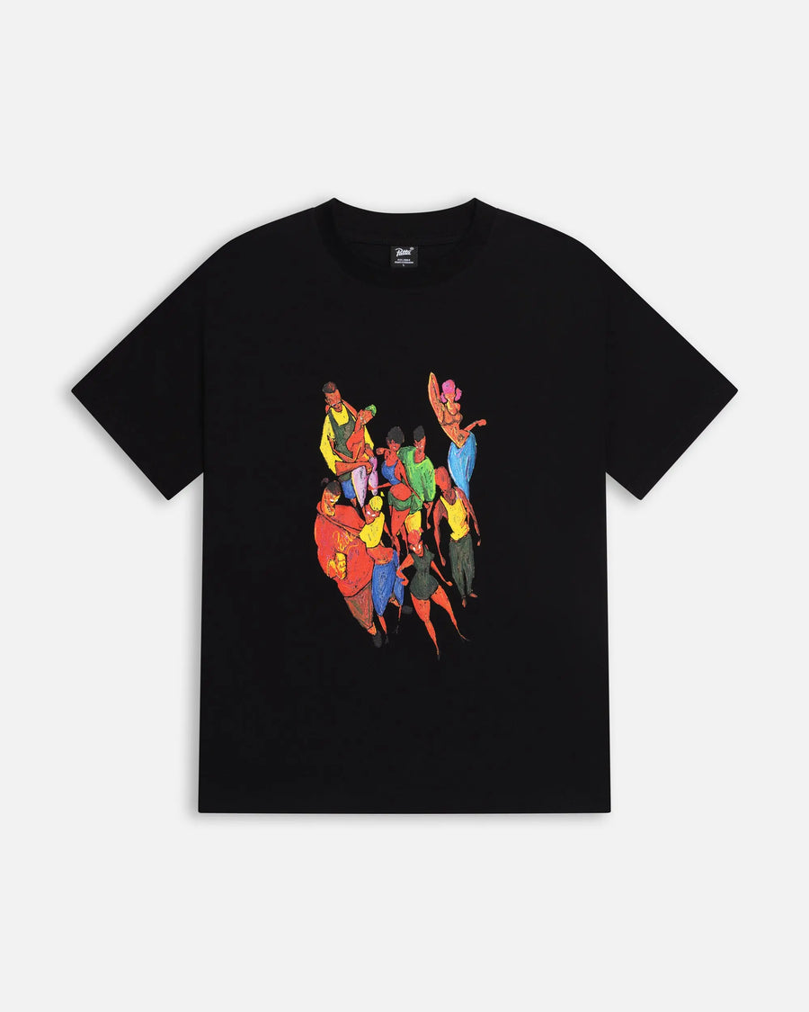 Front view of the black Patta Carnival T-Shirt featuring a colorful illustrated graphic.