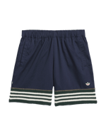 adidas x Clot Crochet Shorts in Night Indigo with green and white striped crochet hems.