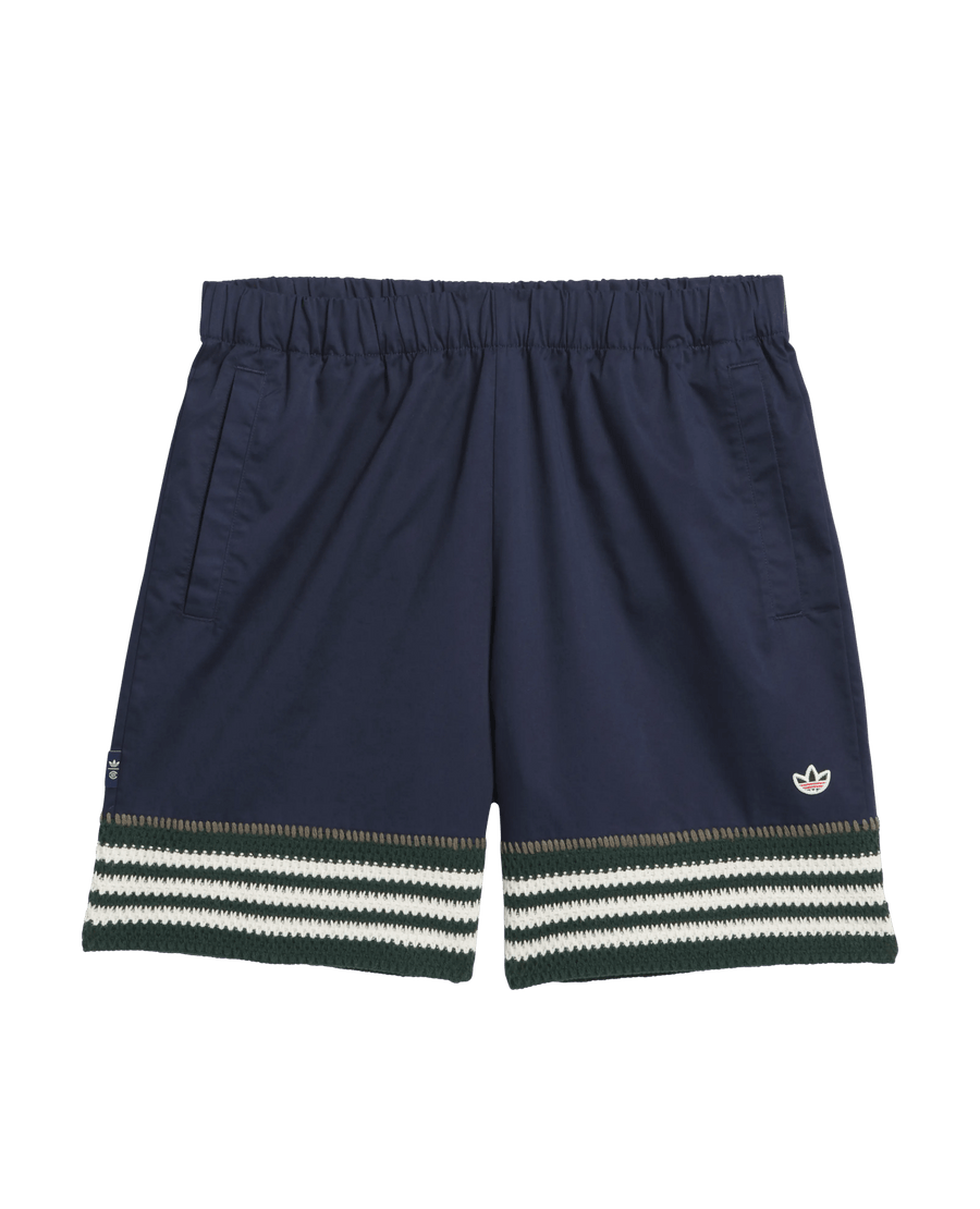 adidas x Clot Crochet Shorts in Night Indigo with green and white striped crochet hems.
