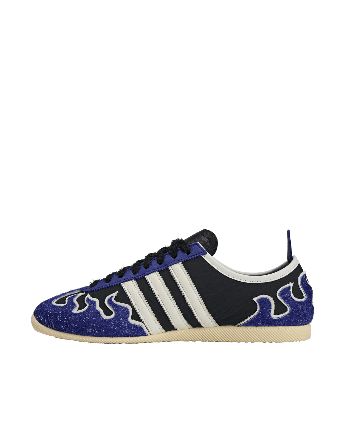 adidas Japan LO Brain Dead sneaker in black featuring blue textured flame overlays and off-white stripes.