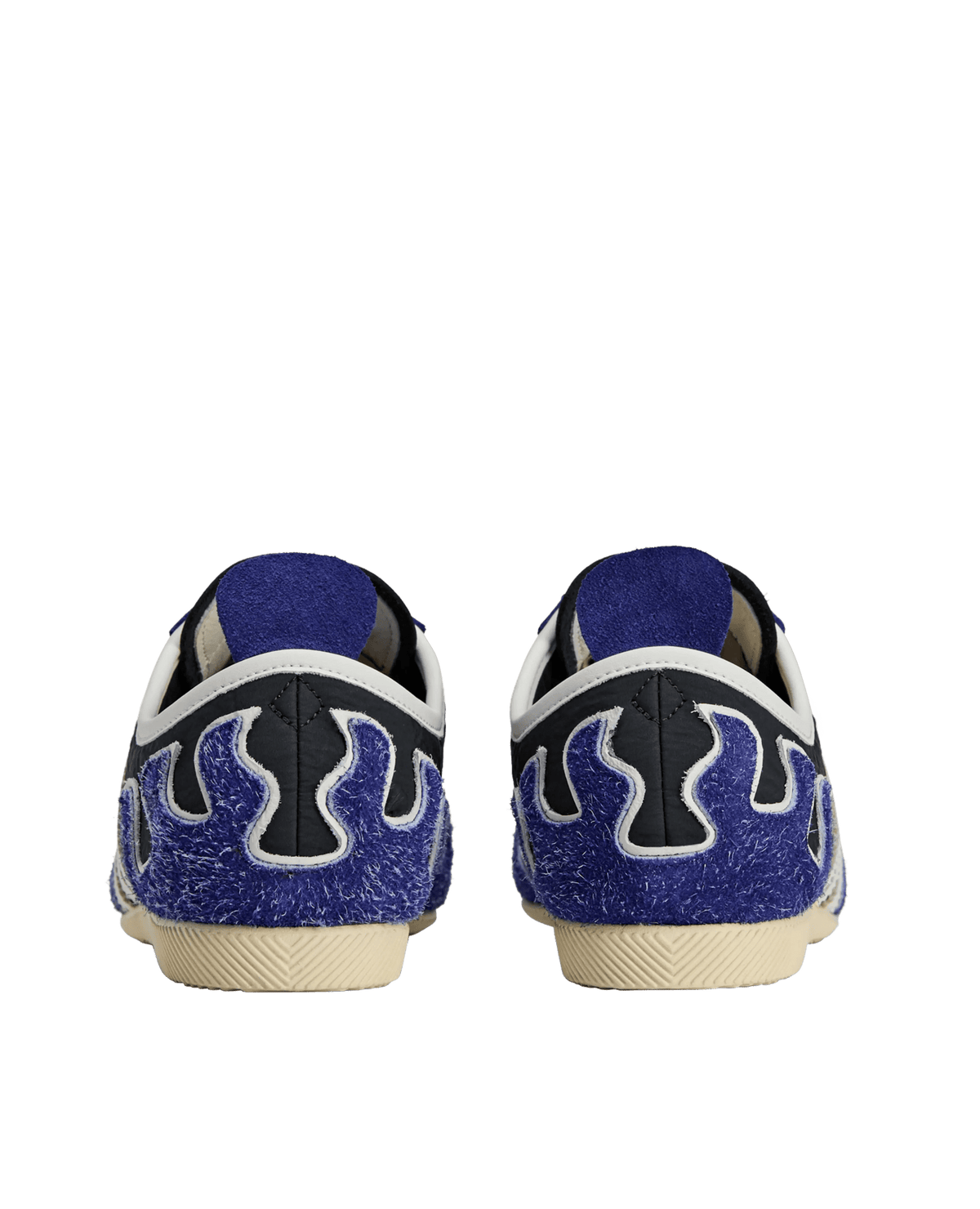 Rear view of adidas Japan LO Brain Dead sneakers featuring blue hairy suede flame heel panels.