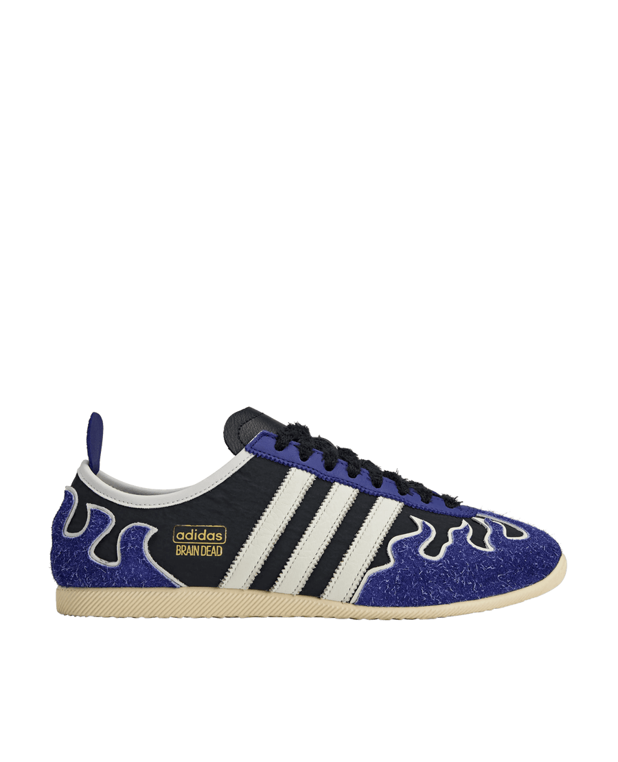 adidas x Brain Dead Japan LO sneaker in black featuring blue suede flame overlays and 3-Stripes.