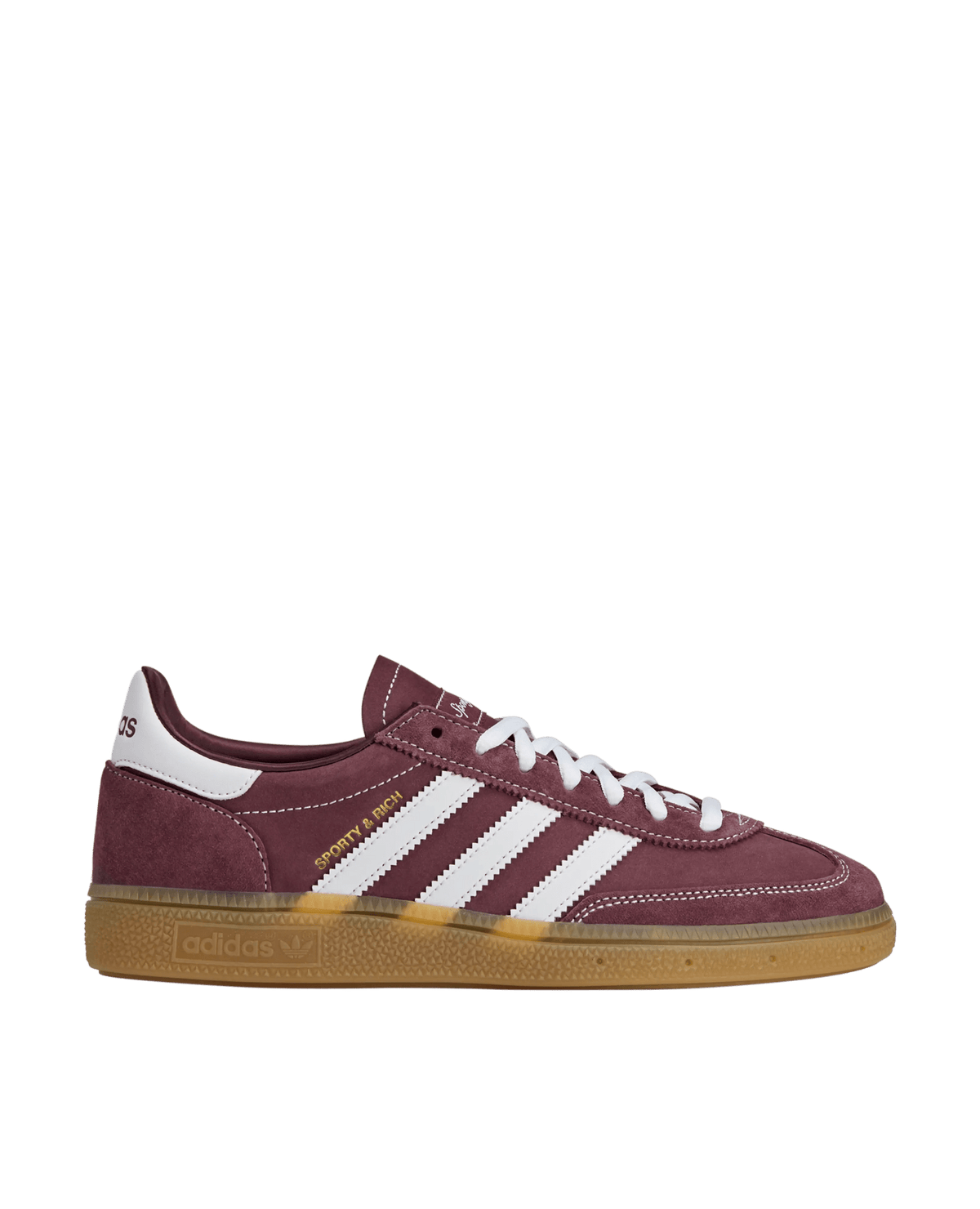 adidas x Sporty & Rich Handball Spezial sneaker in shadow red suede with white three stripes and gum sole.