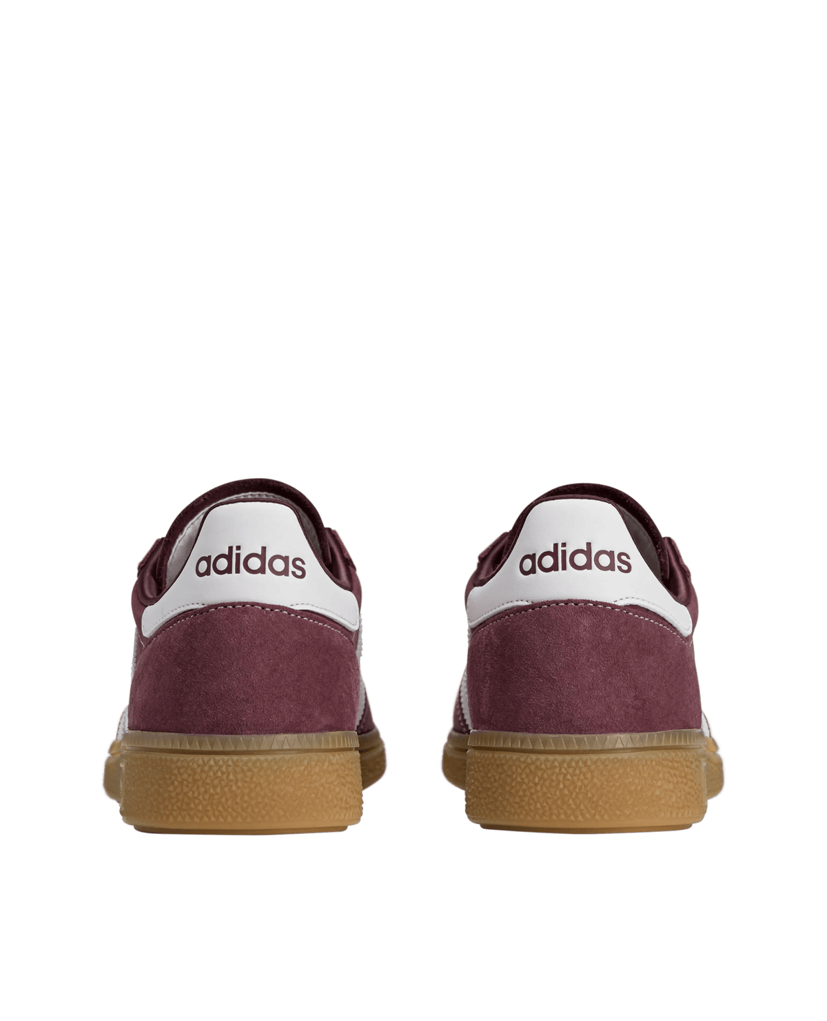 Rear view of adidas x Sporty & Rich Handball Spezial sneakers in Shadow Red suede with gum soles.