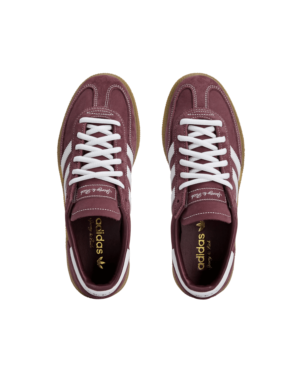 Top-down view of adidas x Sporty & Rich Handball Spezial sneakers in Shadow Red suede with white laces.