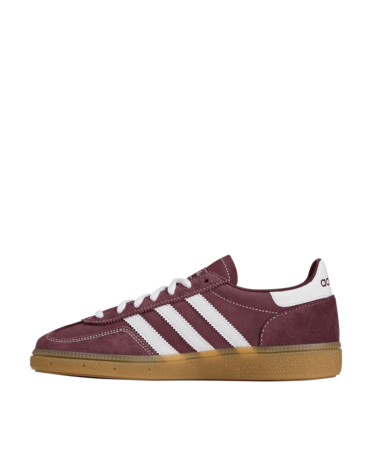 Side view of the adidas x Sporty & Rich Handball Spezial sneaker in Shadow Red suede with white stripes and gum sole.