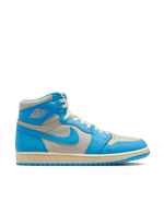 Side profile of the Air Jordan 1 Retro High 'UNC Reimagined' in powder blue and sail leather.
