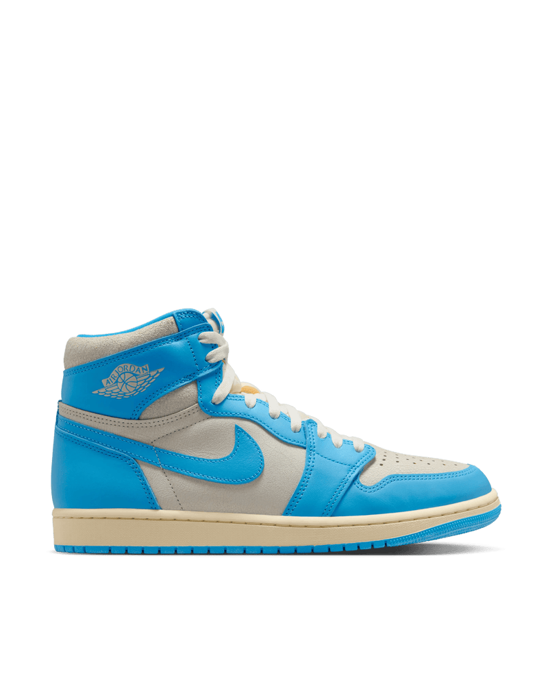 Side profile of the Air Jordan 1 Retro High 'UNC Reimagined' in powder blue and sail leather.