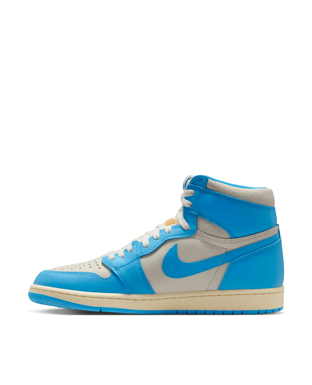 Air Jordan 1 Retro High 'UNC Reimagined' sneaker in powder blue and sail leather, shown in a side profile view.