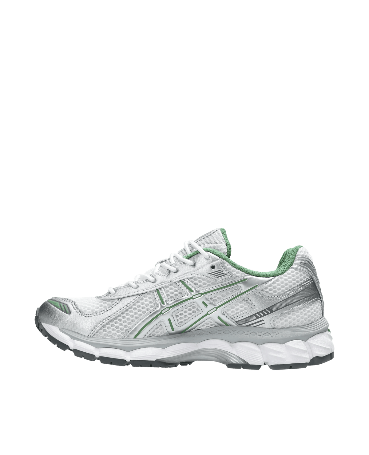 ASICS Gel-Kayano 12.1 sneaker in white and pure silver mesh with green accents, side view.