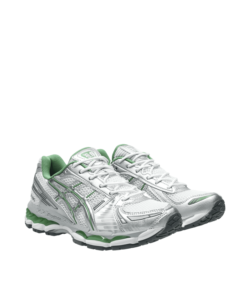 ASICS Gel-Kayano 12.1 running shoes in white and pure silver mesh with green interior accents.
