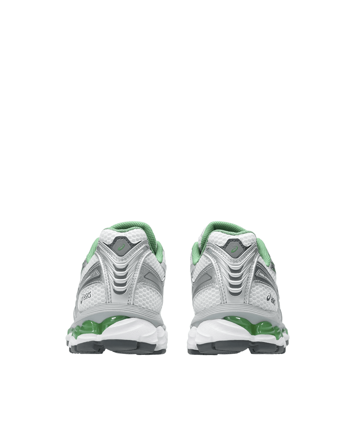 Rear view of ASICS Gel-Kayano 12.1 sneakers in white and pure silver with green Gel cushioning.