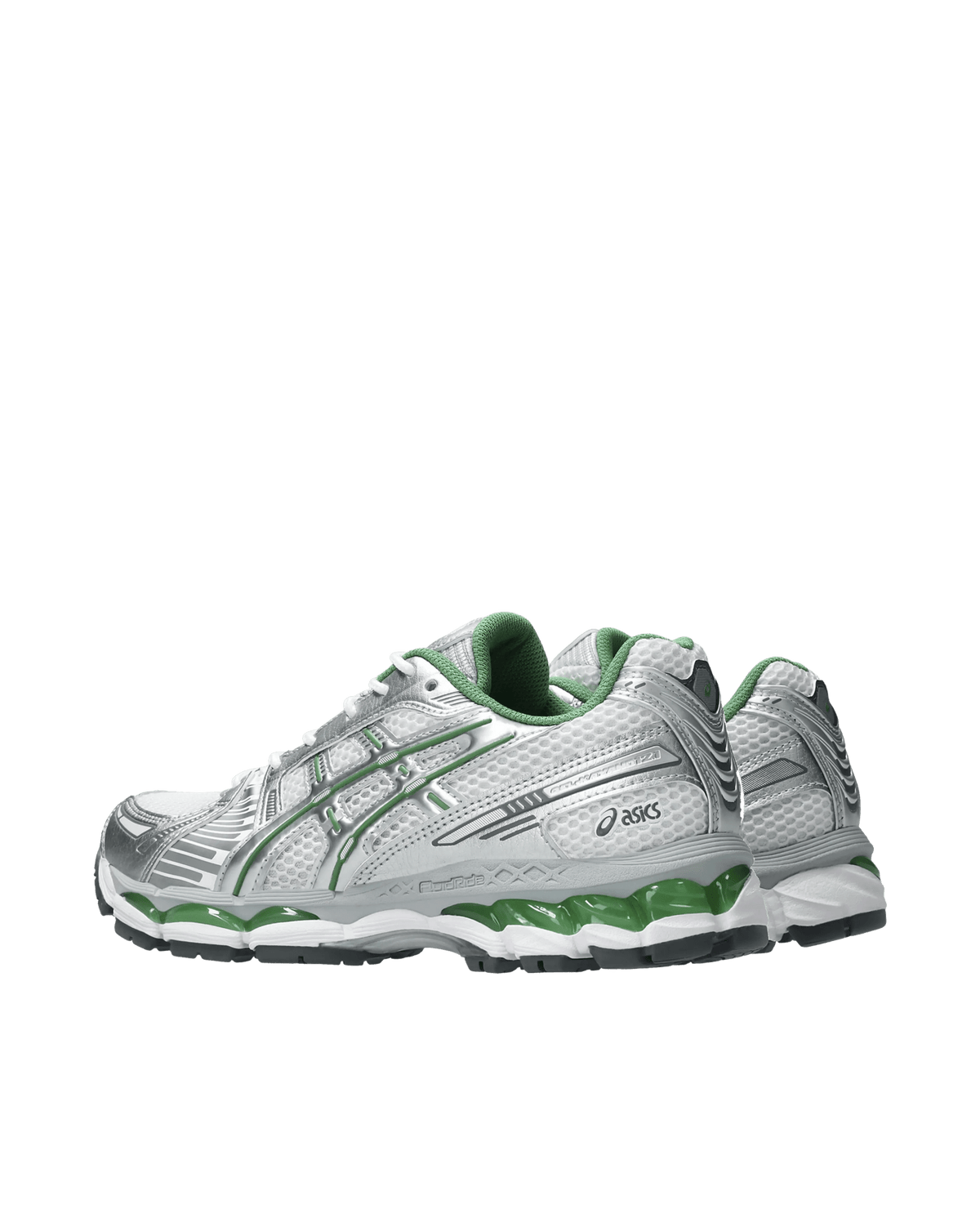 ASICS Gel-Kayano 12.1 sneakers in white and pure silver with green accents on a black background.