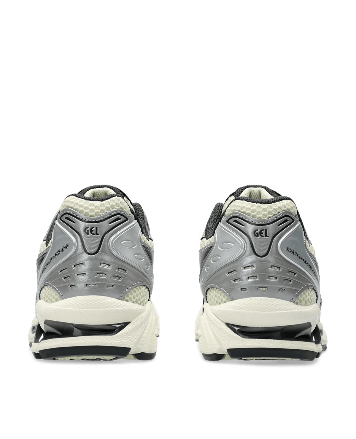 Rear view of ASICS Gel-Kayano 14 sneakers in Oyster White and Steeple Grey with metallic silver overlays.