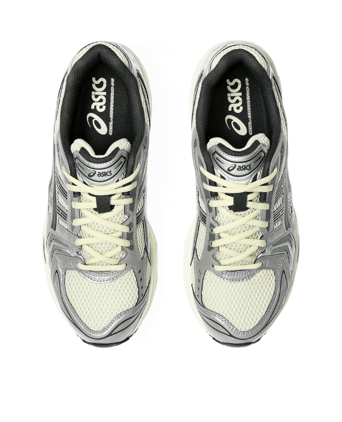 Top-down view of ASICS Gel-Kayano 14 sneakers in Oyster White and Steeple Grey.