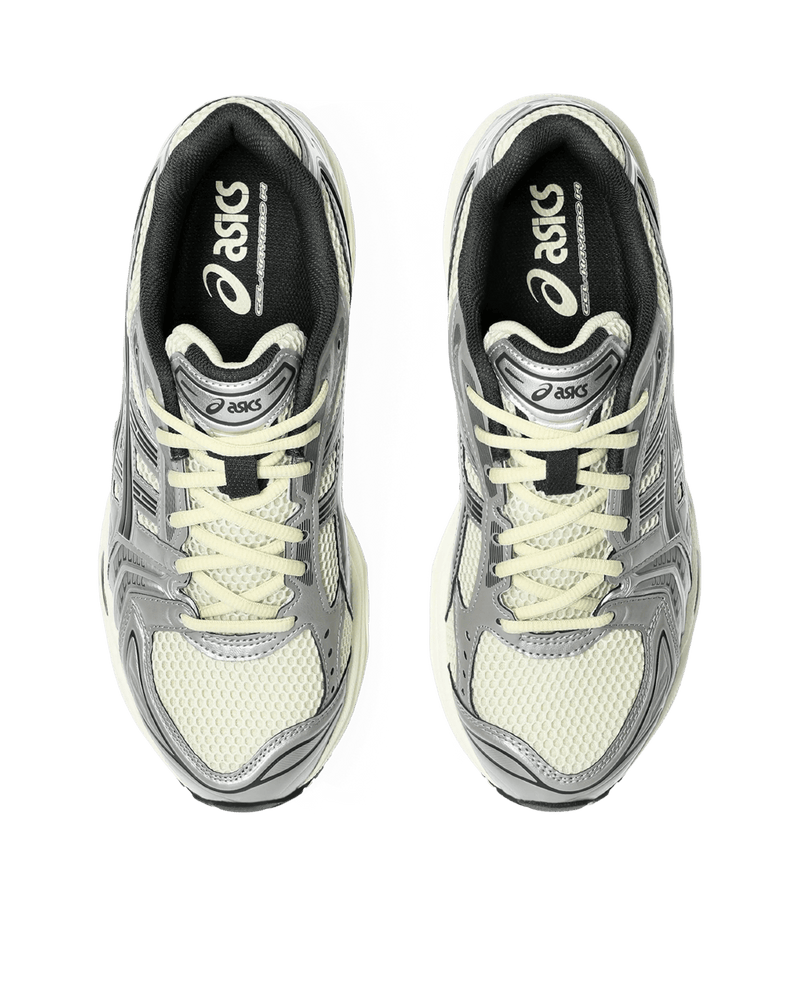 Top-down view of ASICS Gel-Kayano 14 sneakers in Oyster White and Steeple Grey.