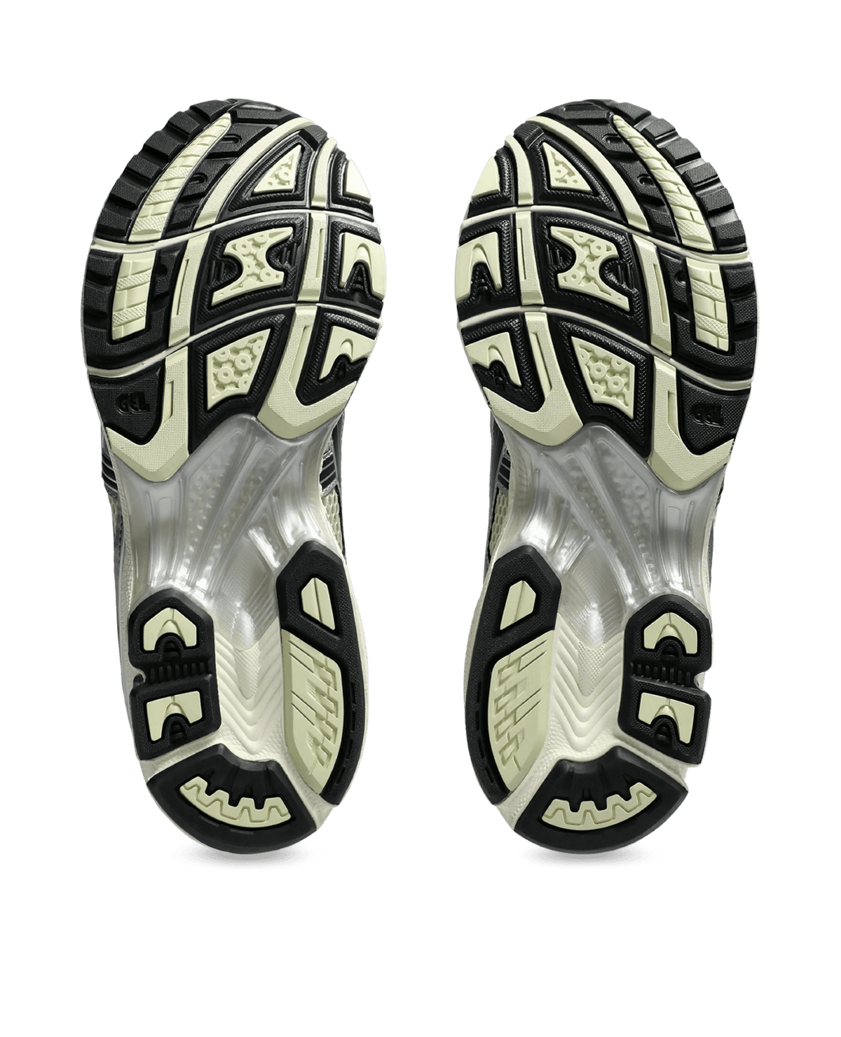 Bottom outsole view of the ASICS Gel-Kayano 14 sneakers in Oyster White and Steeple Grey.