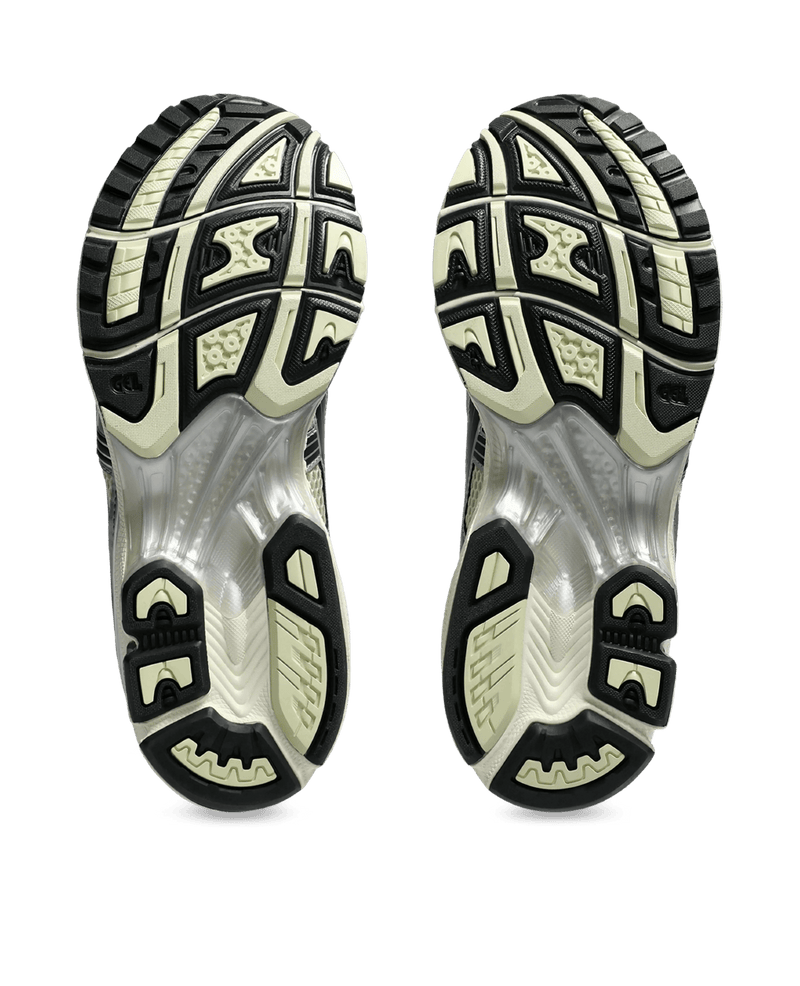 Bottom outsole view of the ASICS Gel-Kayano 14 sneakers in Oyster White and Steeple Grey.