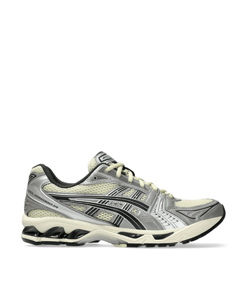 Lateral side profile of the ASICS Gel-Kayano 14 sneaker in Oyster White and Steeple Grey.