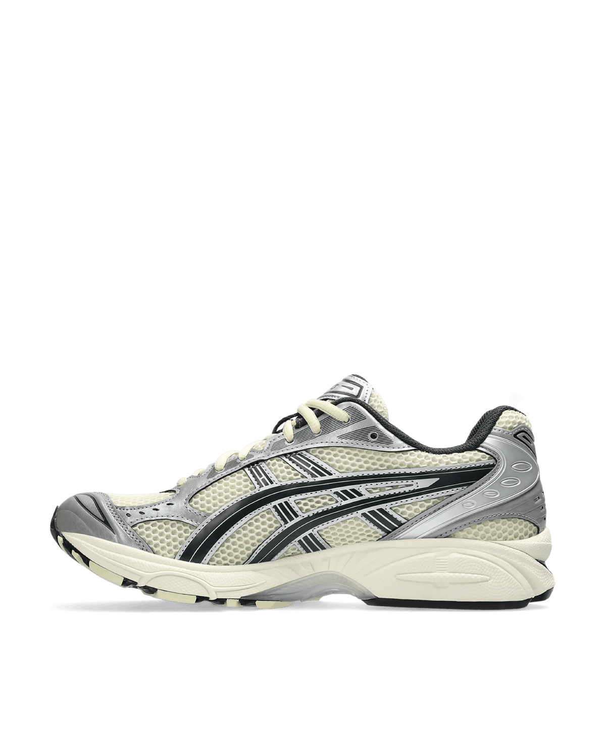 Side profile of the ASICS Gel-Kayano 14 sneaker in Oyster White and Steeple Grey mesh.