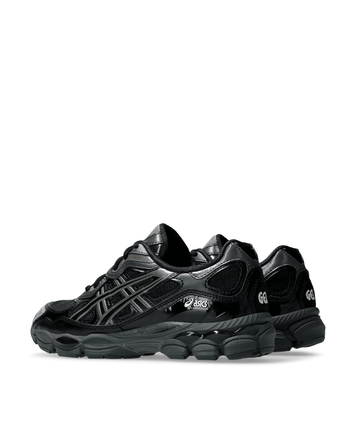 Black Asics Gel-NYC sneakers with glossy patent overlays and mesh detailing.