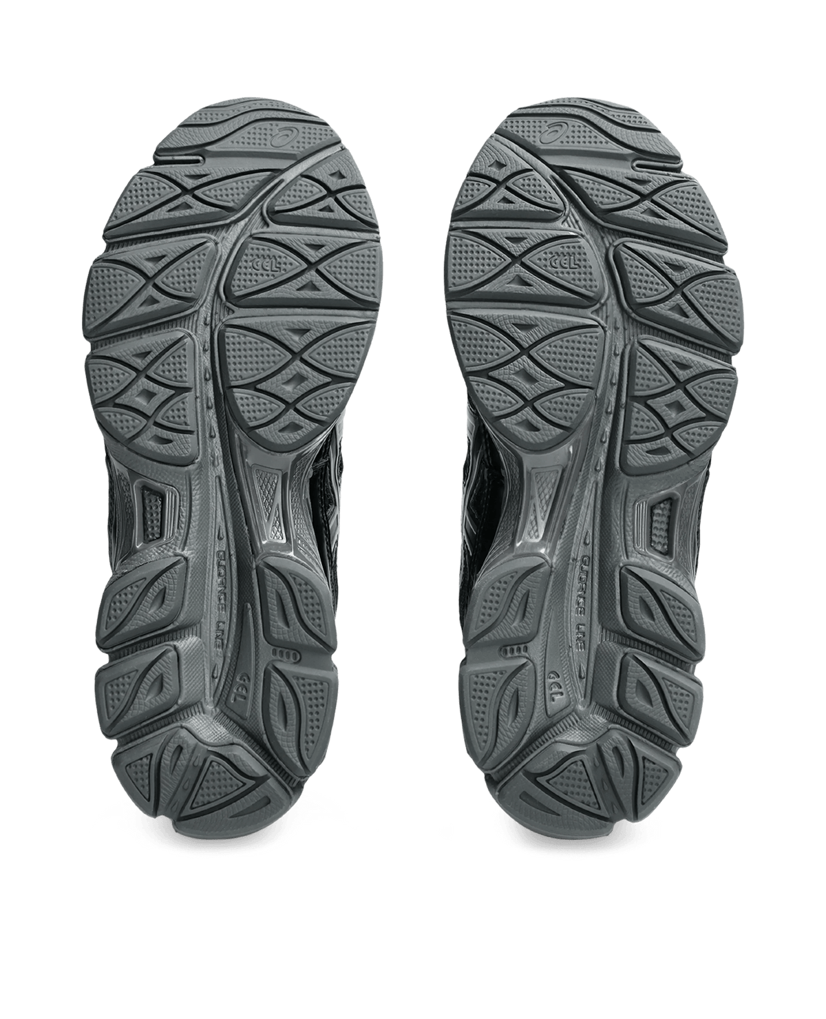 Bottom view of black Asics Gel-NYC sneakers displaying the rubber outsole tread pattern.