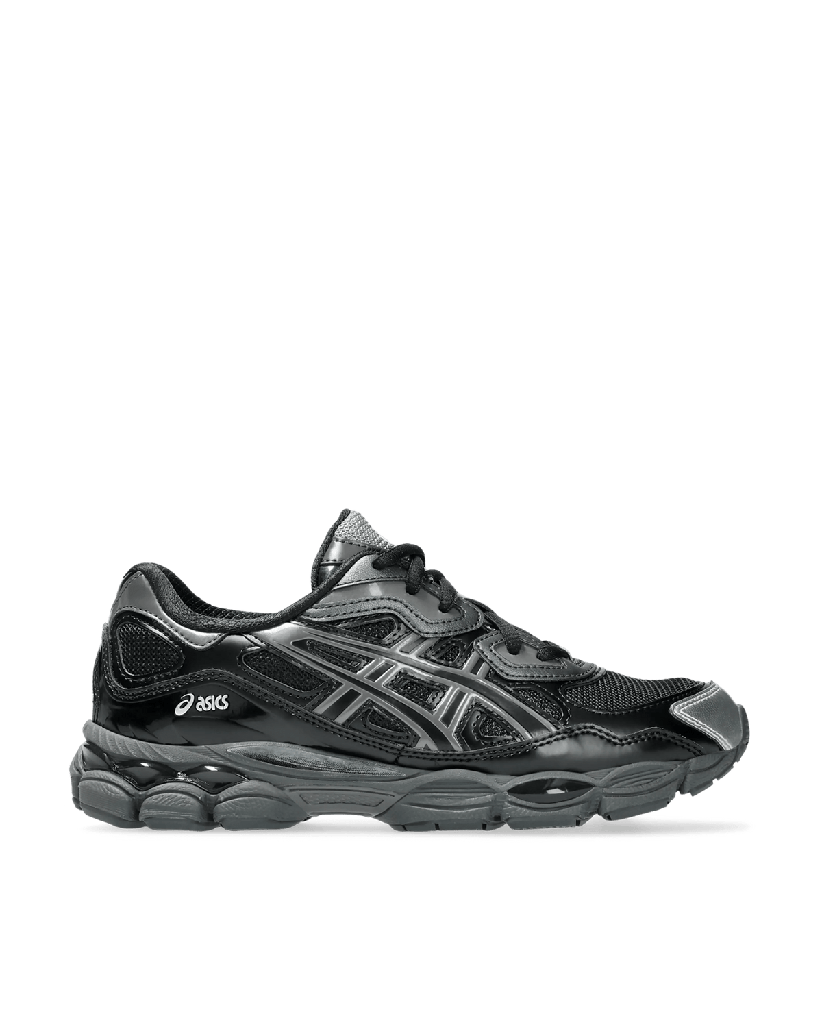Side profile of the Asics Gel NYC sneaker in black mesh and glossy patent overlays.