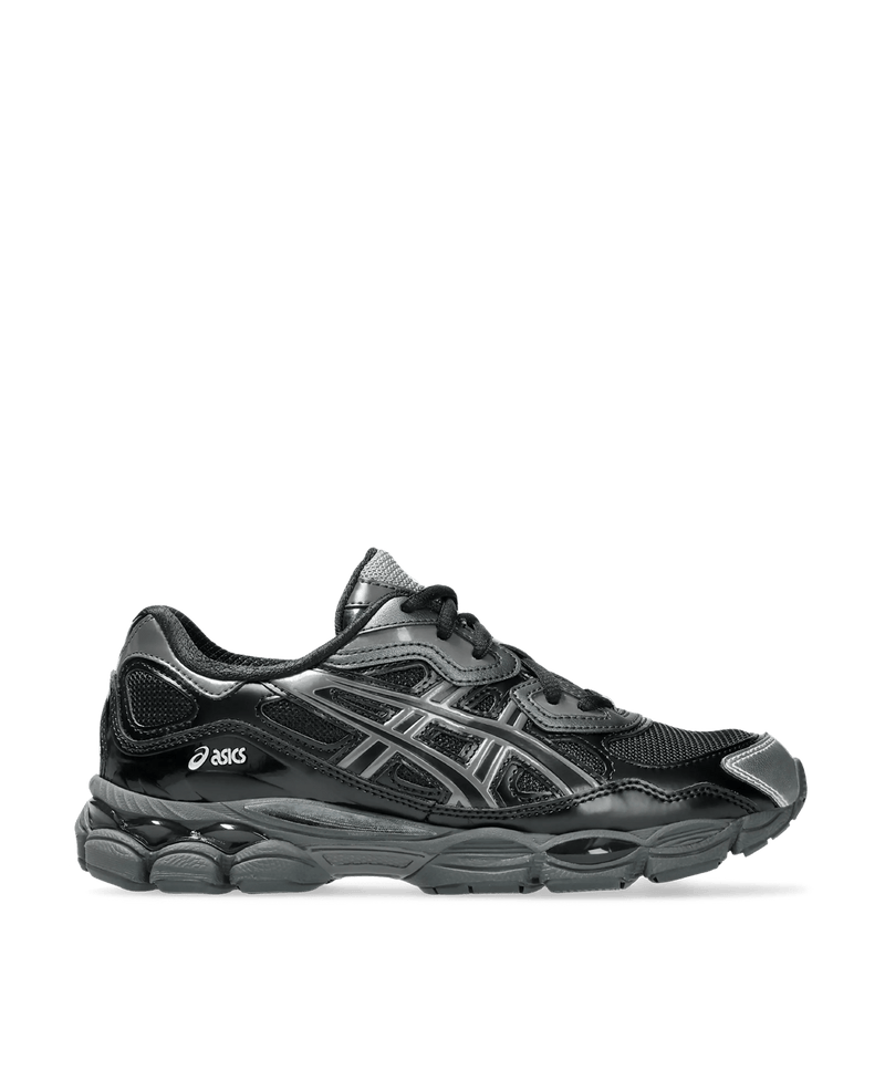 Side profile of the Asics Gel NYC sneaker in black mesh and glossy patent overlays.
