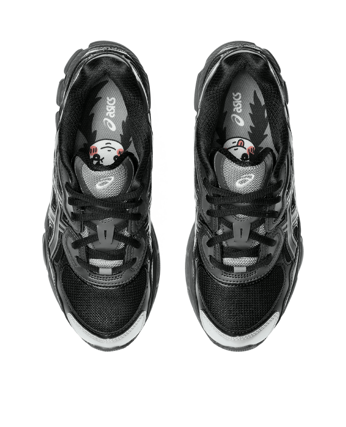 Top-down view of black Asics Gel-NYC sneakers showing black mesh upper and graphic insoles.