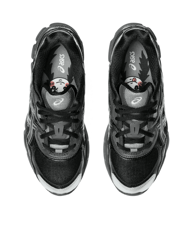 Top-down view of black Asics Gel-NYC sneakers showing black mesh upper and graphic insoles.