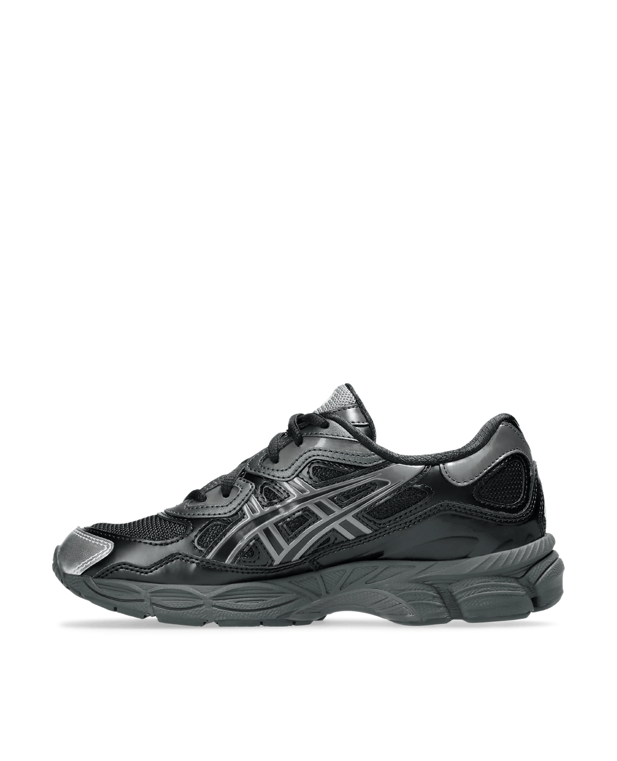 Side profile of the Asics Gel-NYC sneaker in black mesh with glossy and metallic overlays.