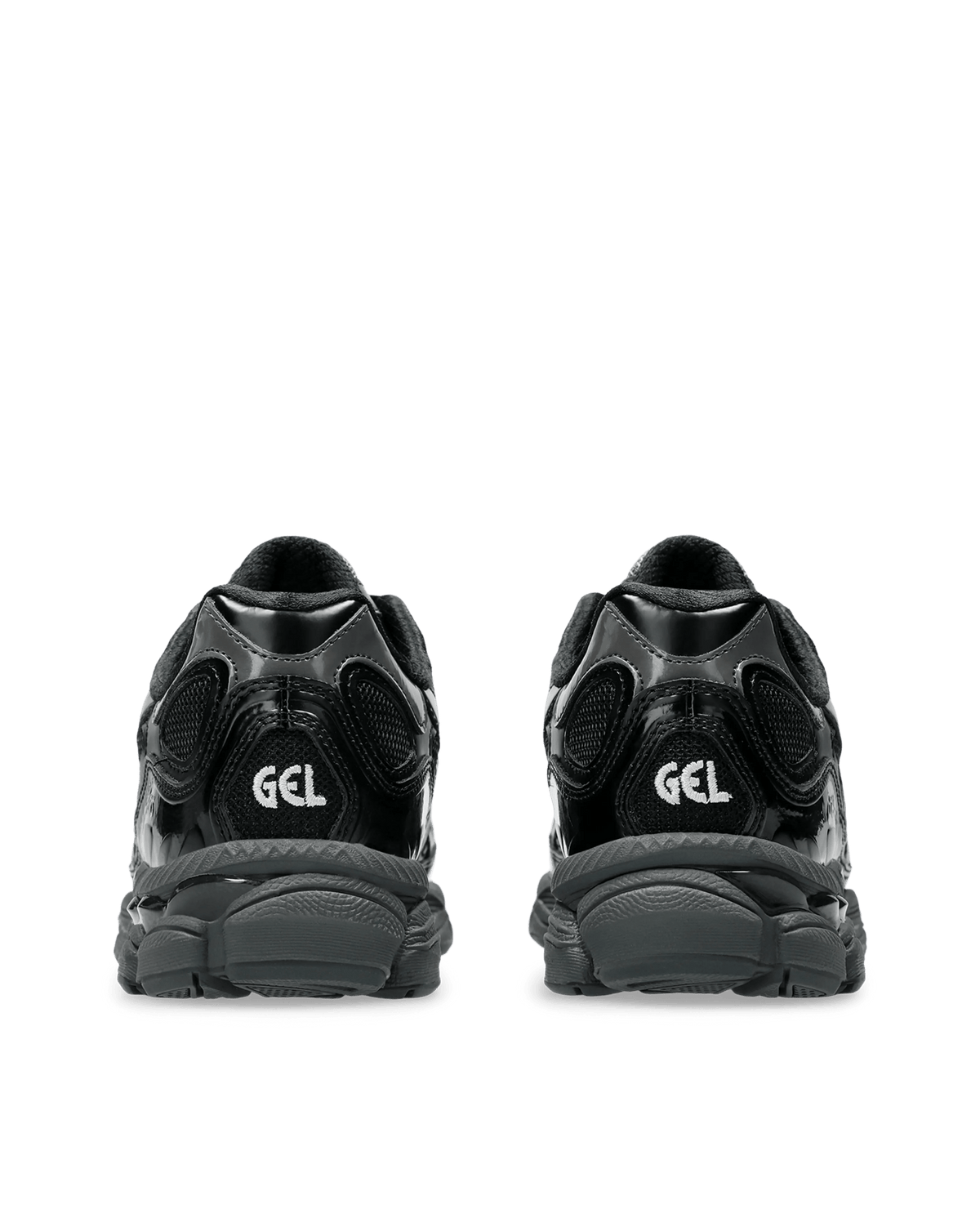 Rear view of black Asics Gel NYC sneakers highlighting the heel design and embroidered GEL branding.