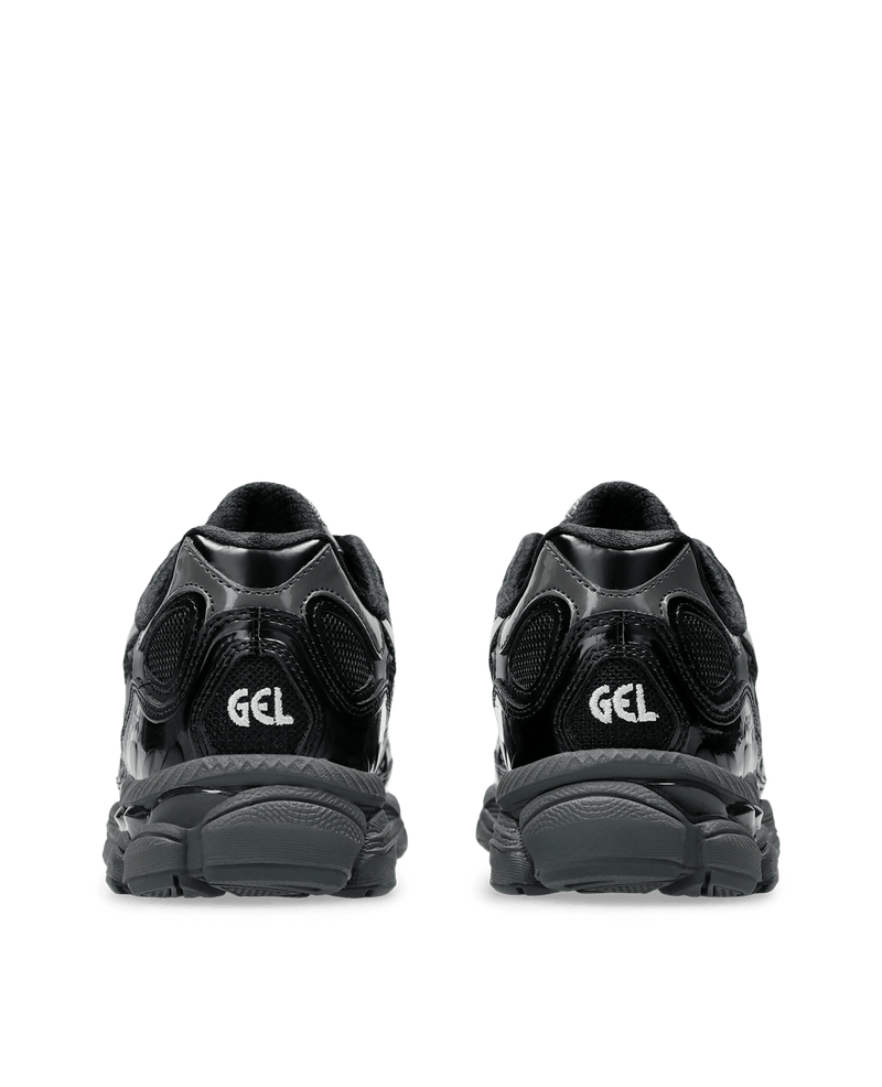 Rear view of black Asics Gel NYC sneakers highlighting the heel design and embroidered GEL branding.