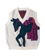 Off-white byParra knitted V-neck spencer vest featuring a graphic horse motif in teal and pink.