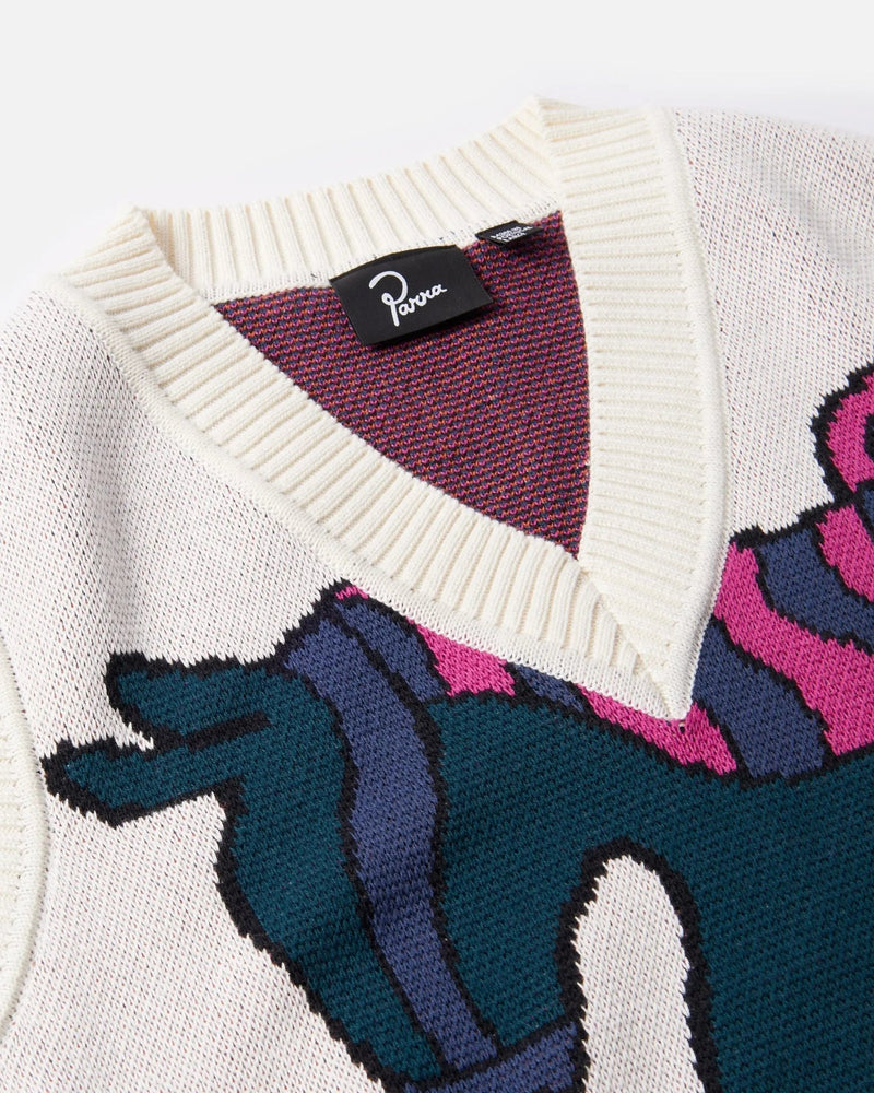 Close-up of the ribbed V-neckline and label on the off-white byParra Knitted Horse Spencer vest.