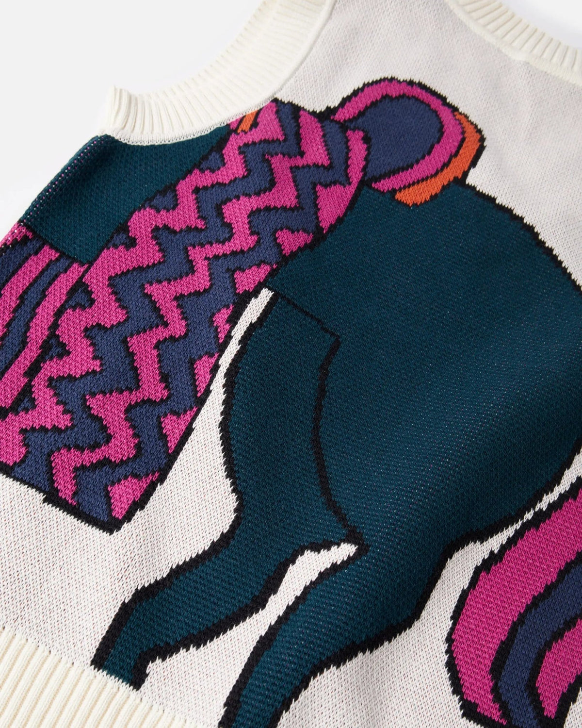 Close-up of the byParra Knitted Horse Spencer in off-white featuring colorful abstract knit artwork.