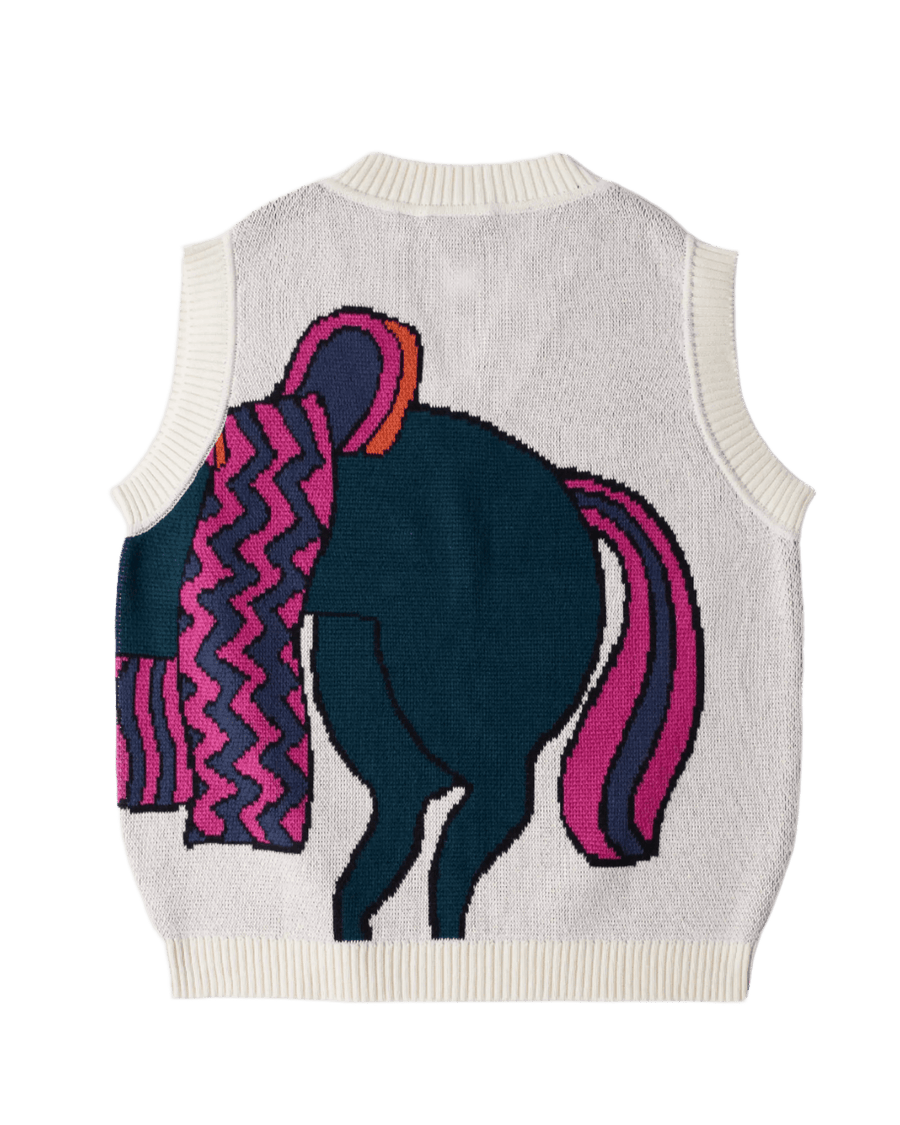 Back view of the byParra Knitted Horse Spencer in off-white featuring a colorful knitted graphic.