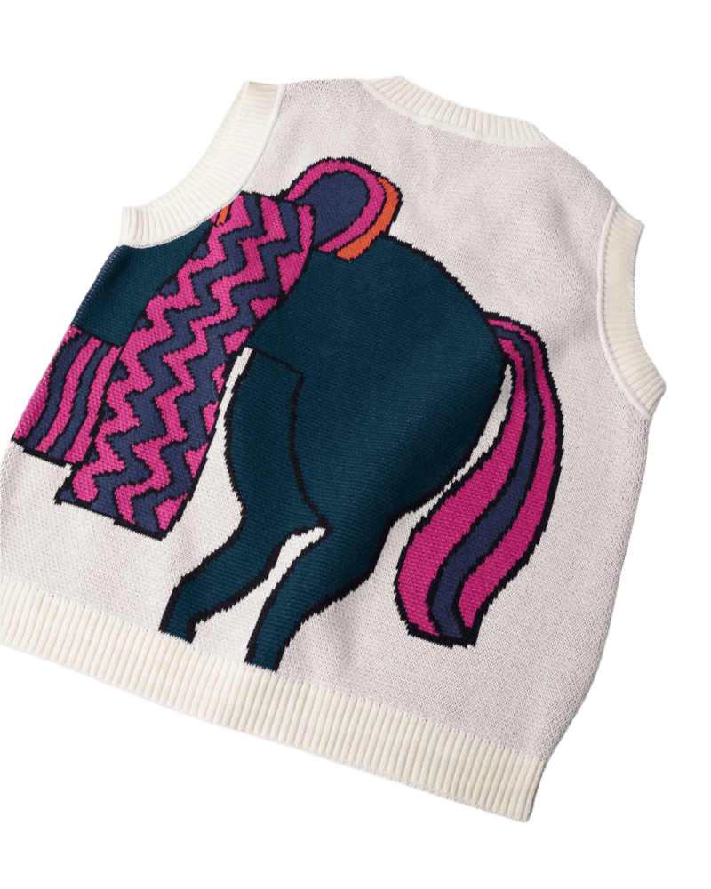 Back view of the off-white byParra Knitted Horse Spencer vest featuring a colorful horse and saddle graphic.