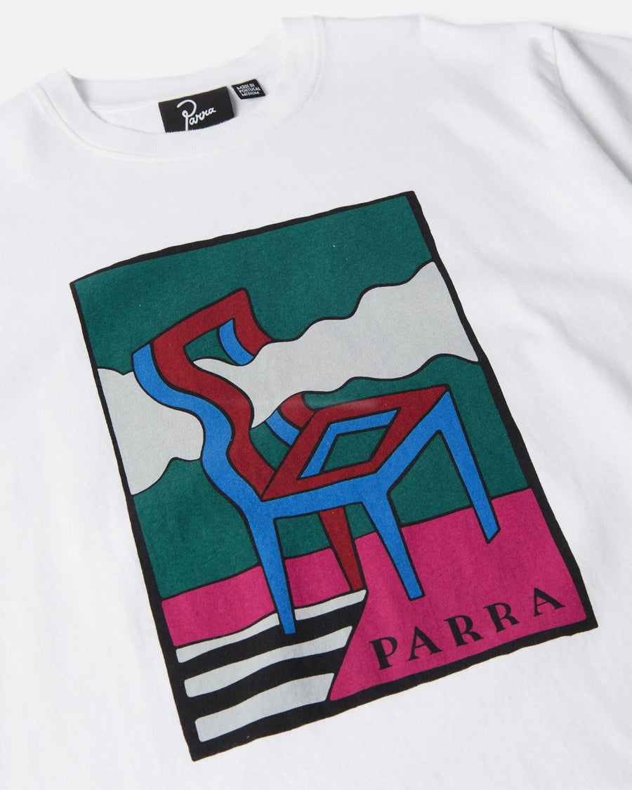 Close-up of the colorful chair graphic print on a white ByParra Smoke Chair T-shirt.
