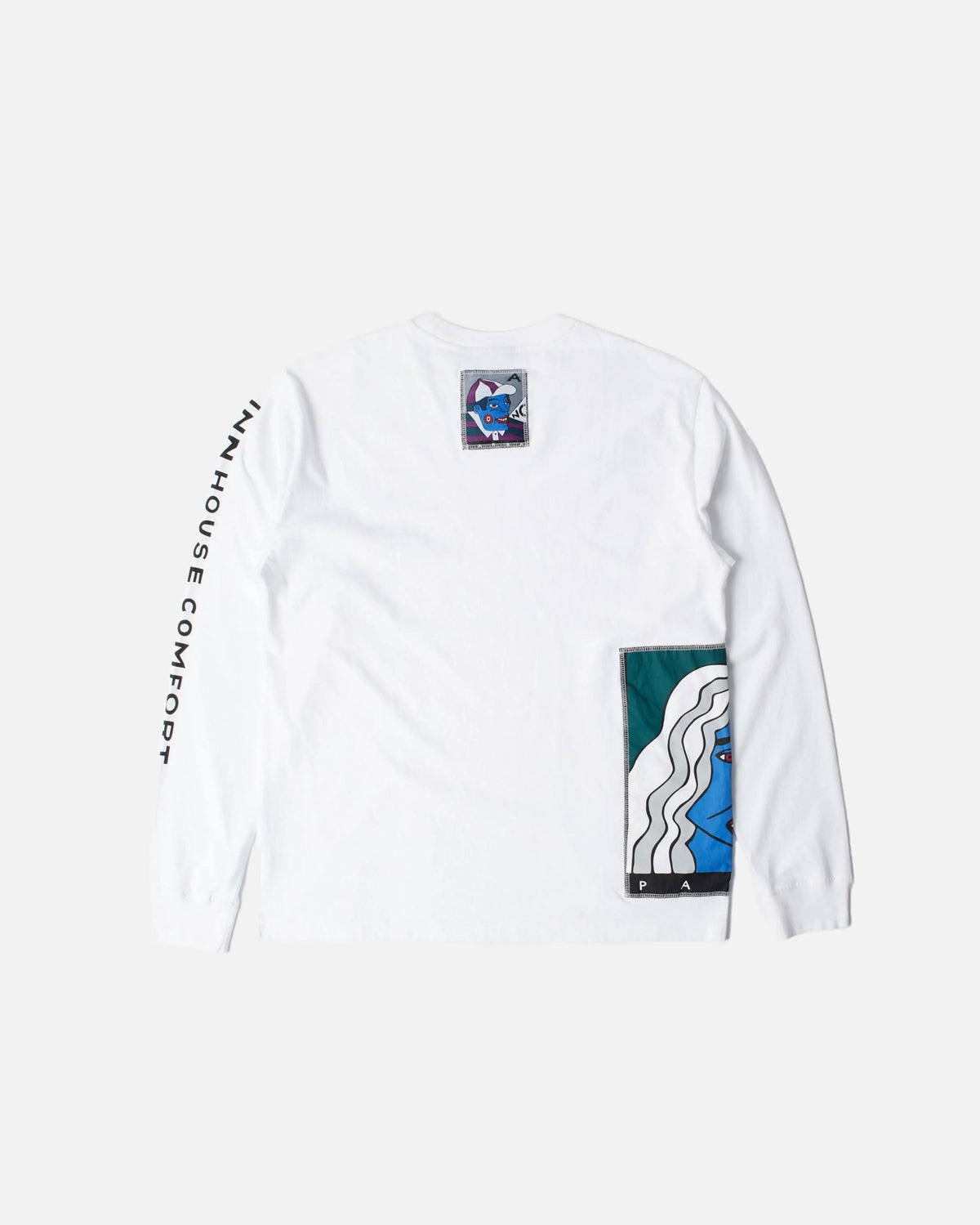 Back view of the white ByParra Your Face long-sleeve t-shirt with graphic patches and text print on the sleeve.