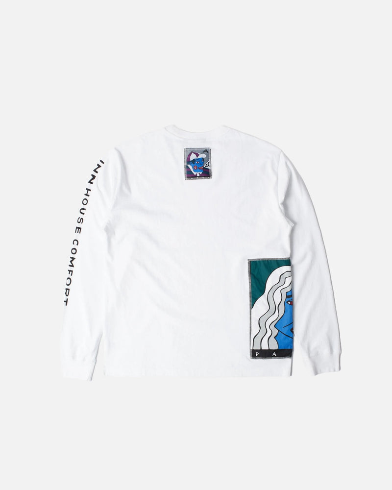 Back view of the white ByParra Your Face long-sleeve t-shirt with graphic patches and text print on the sleeve.