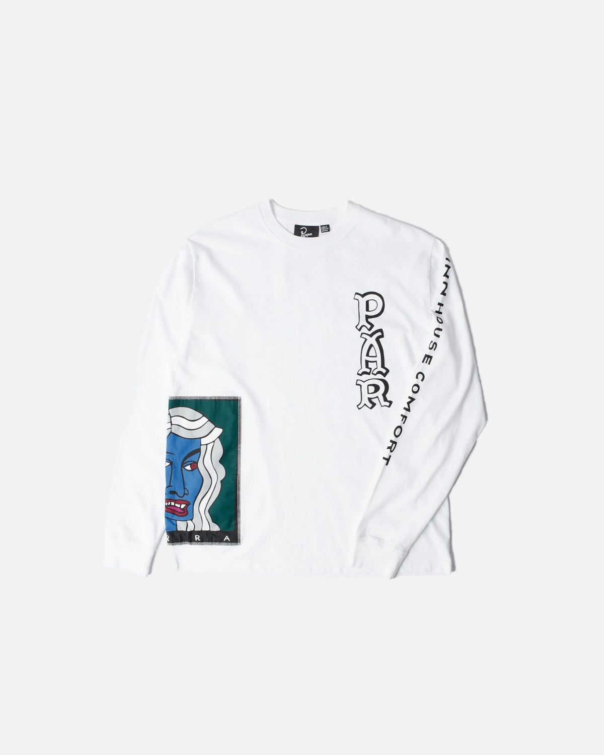 White ByParra Your Face long-sleeve t-shirt with graphic face patch and printed sleeve lettering.