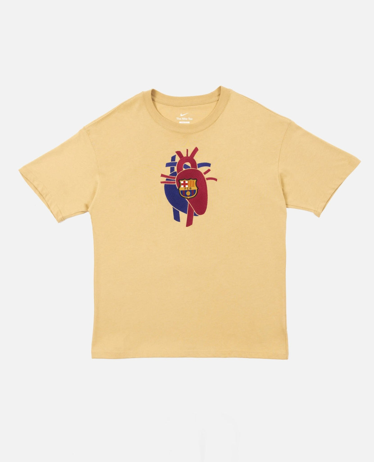 Sesame beige FCB x Patta t-shirt laid flat, featuring an anatomical heart graphic with the FC Barcelona crest.
